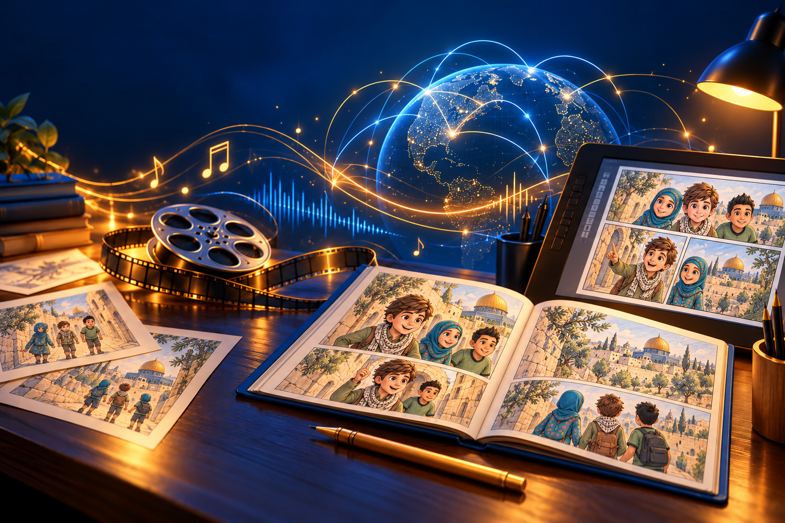 A creative studio with Yahya, Ismael and Fatima storyboards set in Jerusalem